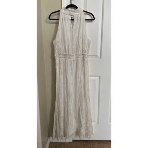 DREW White Halter Neck Silk Maxi Dress‎ with Gold Metallic Stripe Detail
